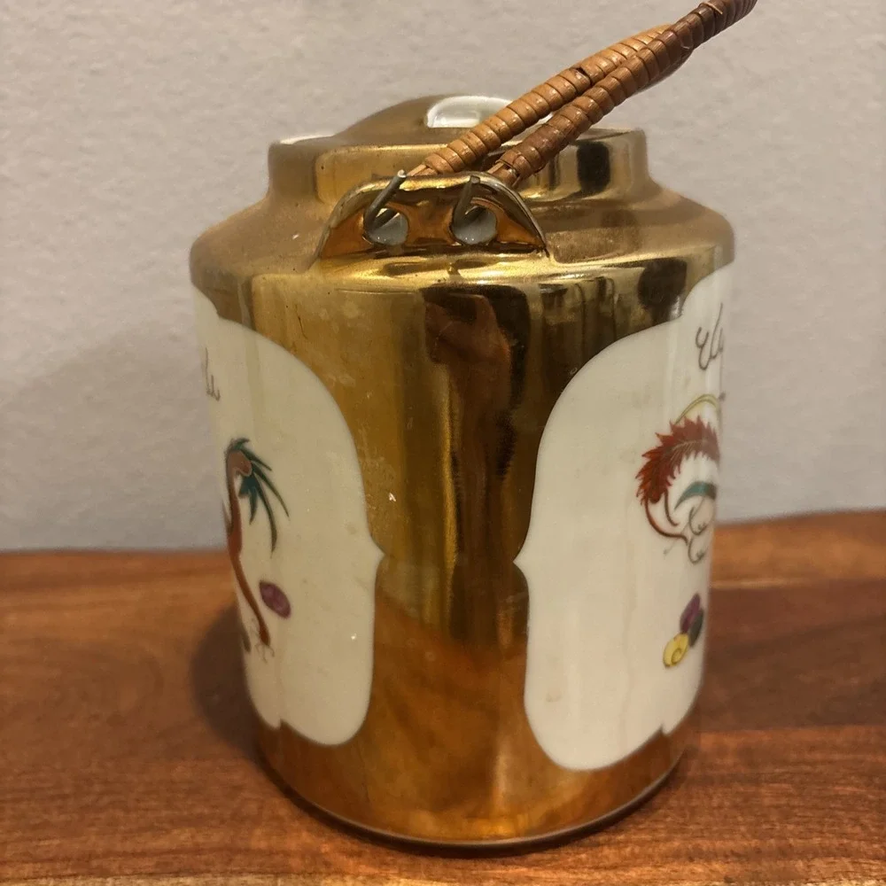 Chinese Vintage Porcelain Dragon & Phoenix Teapot Gold Trim Bamboo Handles